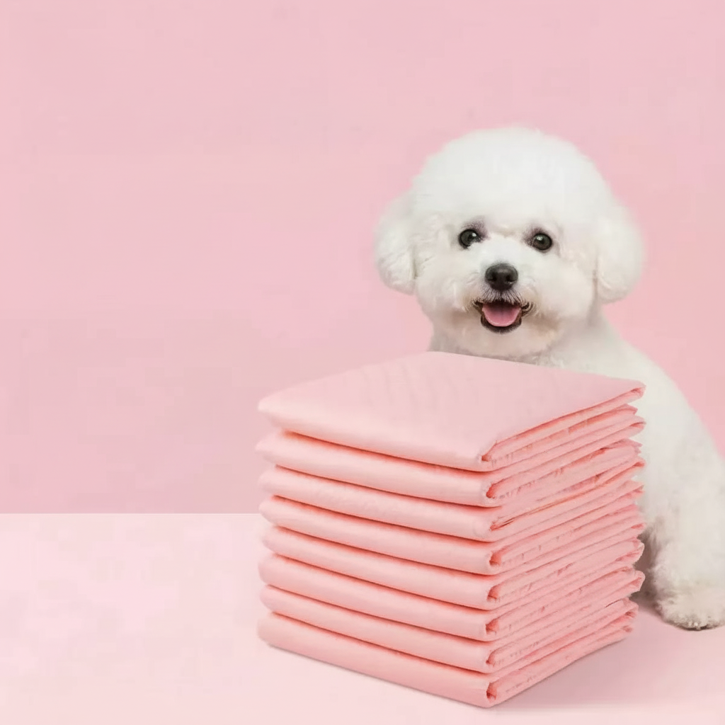 Puppy sitting next to pink pet training pads