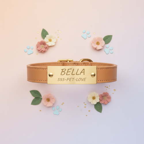Flat lay of custom engraved pet collar with decorative elements