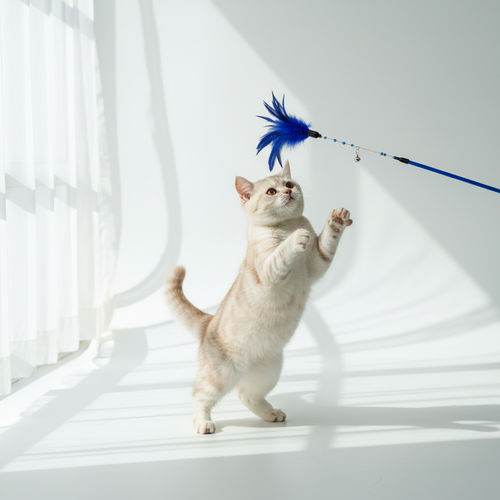 Cat playing with blue feather teaser wand
