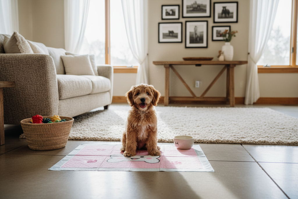 Small dog being potty trained on pink pad