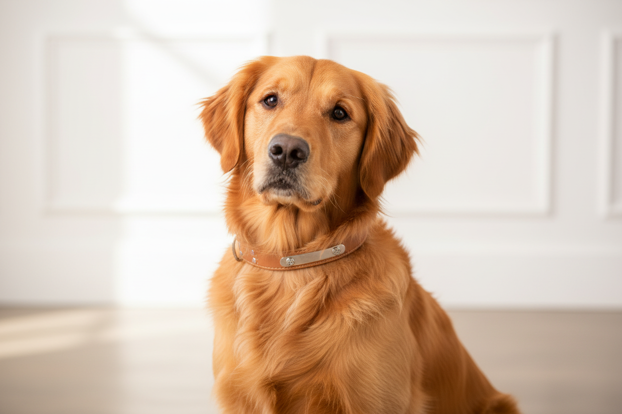 Golden retriever wearing premium personalized leather collar